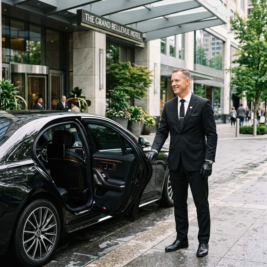 Professional chauffeur waiting beside a luxury sedan